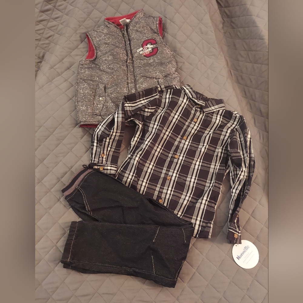 Nannette Kids 3 Piece Plaid Shirt and Gray Vest Set